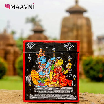 Hand-painted Pattachitra Radha Krishna Style Square Tissue Box Decor by Maavni