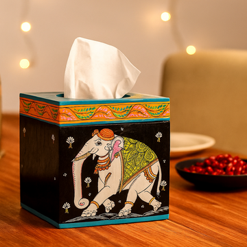 Hand-painted Pattachitra Elephant Style Square Tissue Box Decor |