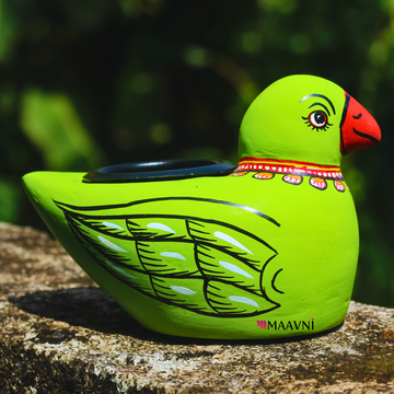 Hand-Painted Paper Mache Green Parrot T-Light Holder