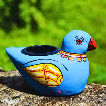 Hand-Painted Paper Mache Blue Parrot T-Light Holder