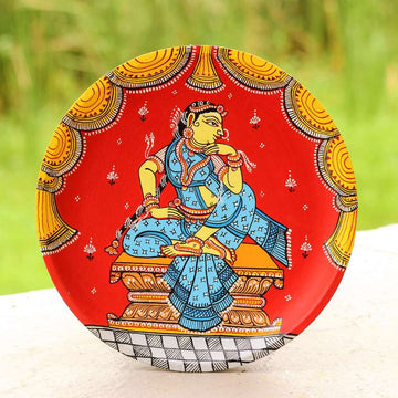 Hand-painted Pattachitra Lady Sitting Hand On Chin Wall Plate by Maavni