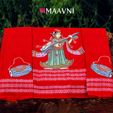 Hand-painted Pattachitra Lady And Musical Instrument Piece 1Mt Blouse by Maavni