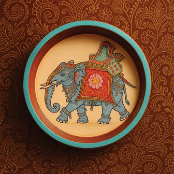 Hand-painted Pattachitra Worrier Elephant Round Tray Decor | Maavni