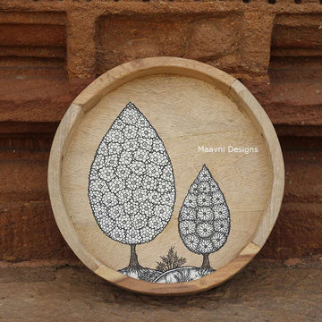 Hand-painted Pattachitra Circular Tray Tree Of Life Painting by Maavni
