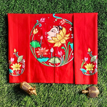 Hand-painted Pattachitra Lady Face In Between Lotus With Lotus On Sleeves Blouse by Maavni