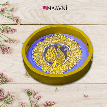 Hand-painted Pattachitra Peacock Design Round Tray Decor by Maavni