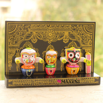 Hand-painted Pattachitra Lord Jagannath Subhadra Balabhadra Sudarshana In Singhasana Decor by Maavni