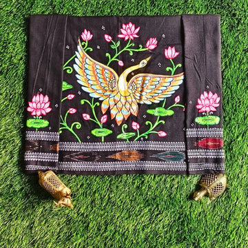 Hand-painted Pattachitra A Flying Bird In Betweeen Lotus With Lotus On Sleeves Blouse by Maavni