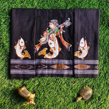 Hand-painted Pattachitra Matsya Kanya With Beena In Hands With Fish On Sleeves Blouse by Maavni