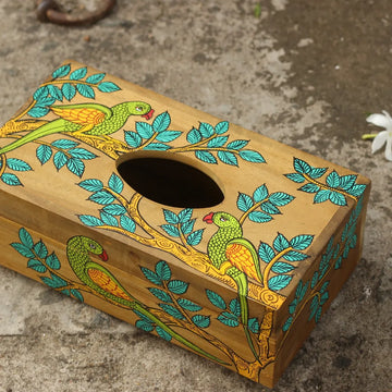 Hand-painted Pattachitra Parrot Theme Tissue Box Decor by Maavni
