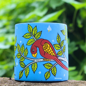 Hand-painted Pattachitra Parrot Sitting On Branch Pen Stand by Maavni