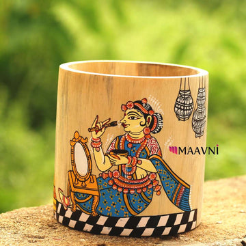 Hand-painted Pattachitra Lady Applying Kajal Multipurpose Holder Pen Stand by Maavni