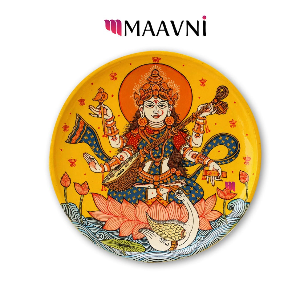 Hand-painted Pattachitra Saraswati Wooden Wall Plate by Maavni
