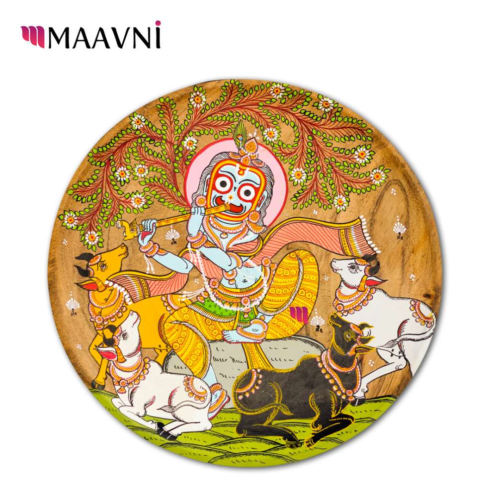 Hand-painted Pattachitra Cows Listening To Krishnas Flute Wall Plate by Maavni