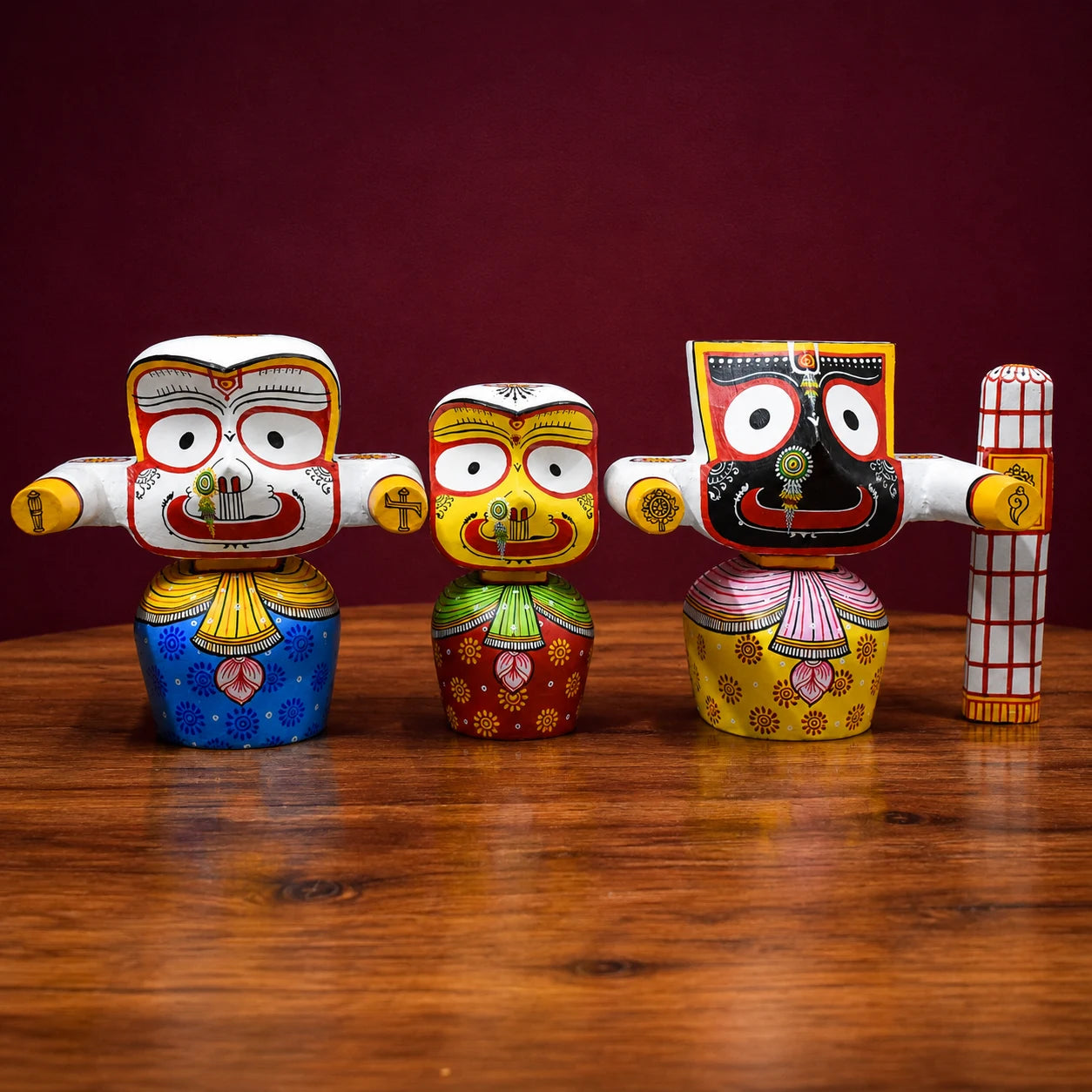 Pure Neem Wood Chaturdha Murti Set | Jagannath, Balabhadra, Subhadra & Sudarshan | Hand-Painted Odisha Art