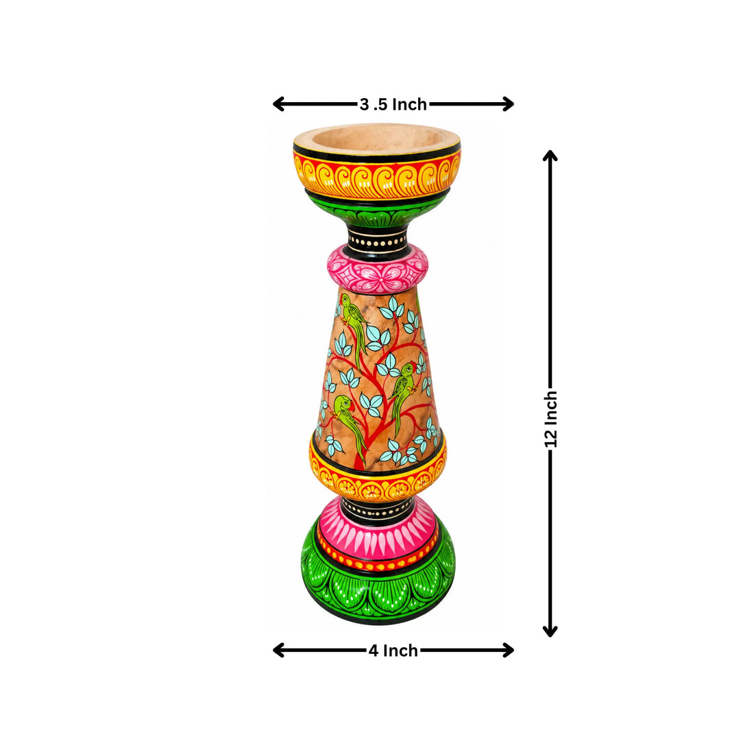 Hand-Painted Pattachitra Wooden Candle Stand – Parrot & Floral Design