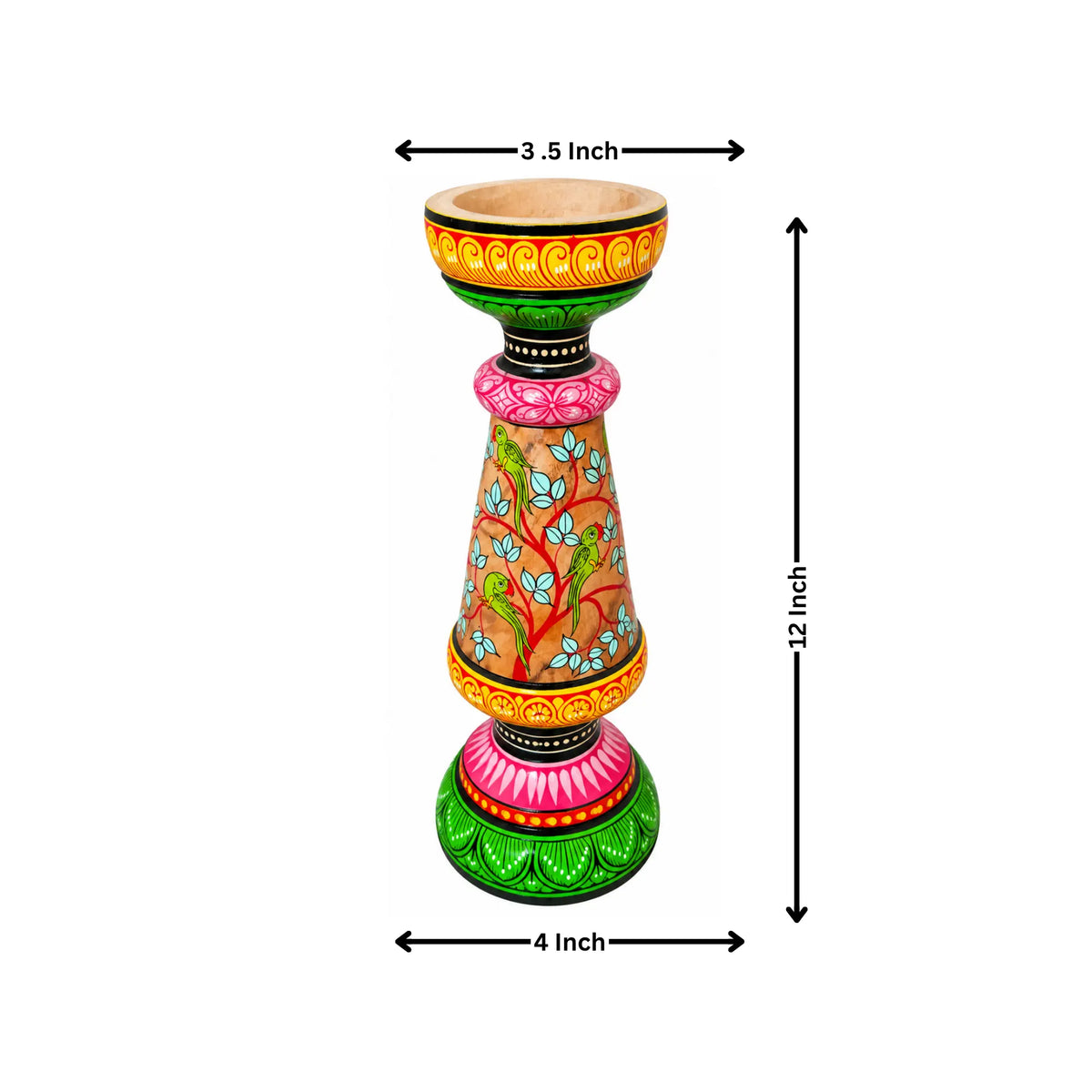 Hand-Painted Pattachitra Wooden Candle Stand – Parrot & Floral Design