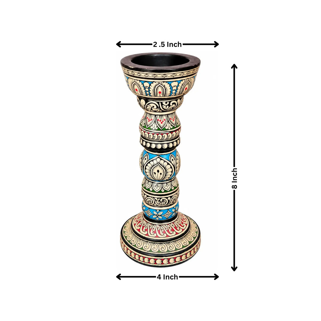 Hand-Painted Pattachitra Wooden Candle Stand – Traditional Floral Design