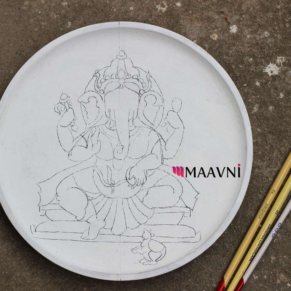 Hand-painted Pattachitra Ganesha Presketched With Brushes Wall Plate by Maavni