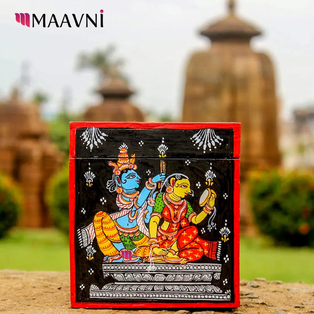 Hand-painted Pattachitra Radha Krishna Style Square Tissue Box Decor by Maavni