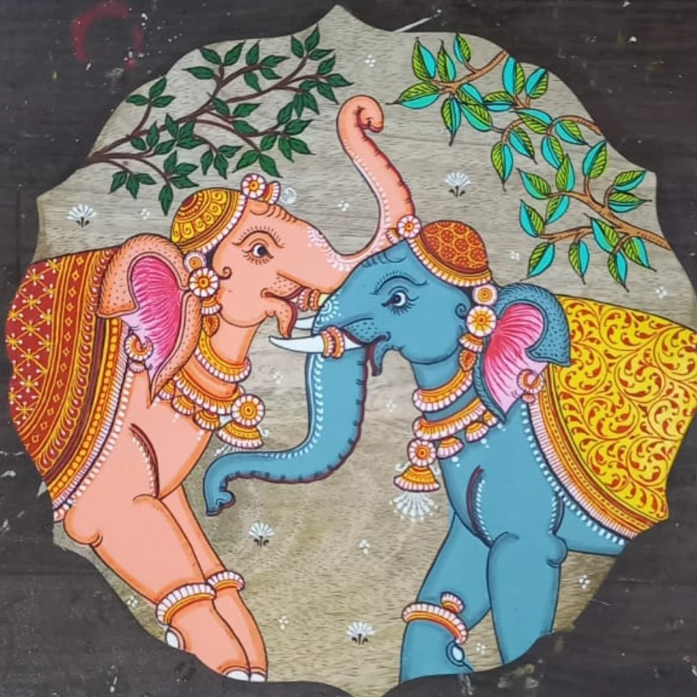 Hand-painted Pattachitra Elephants In Jungle Large Wall Plate by Maavni