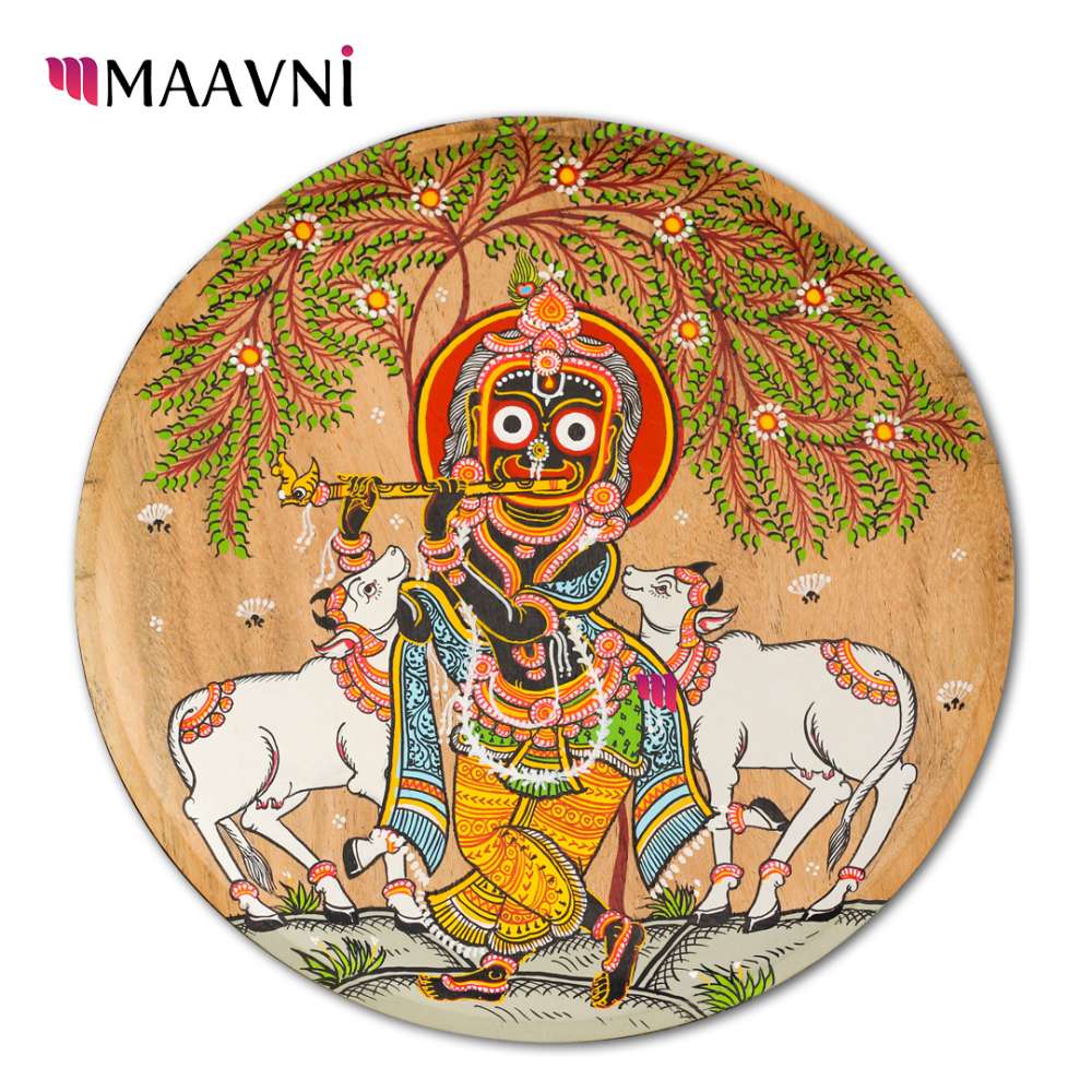 Hand-painted Pattachitra Jaganathji In Krishna Roopa Playing Flute Wall Plate by Maavni