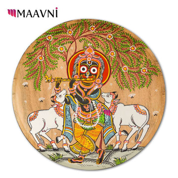 Hand-painted Pattachitra Jaganathji In Krishna Roopa Playing Flute Wall Plate by Maavni