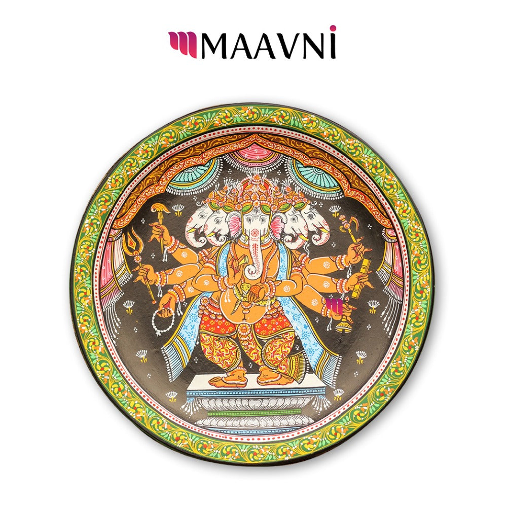 Hand-painted Pattachitra Panchamukhi Ganesha Wall Plate by Maavni