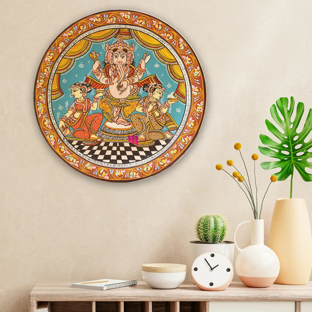 Hand-painted Pattachitra Ganesha With Dancers Wall Plate gallery image by Maavni