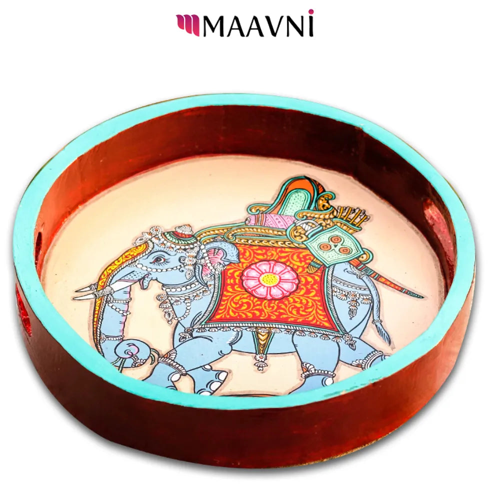 Hand-painted Pattachitra Worrier Elephant Round Tray Decor gallery image by Maavni