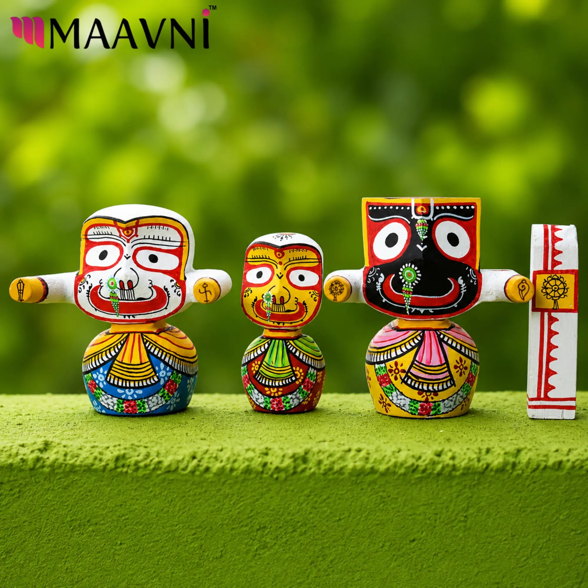 Pure Neem Wood Chaturdha Murti | Jagannath Balabhadra Subhadra & Sudarshan | Hand-Painted Odisha Art | Maavni