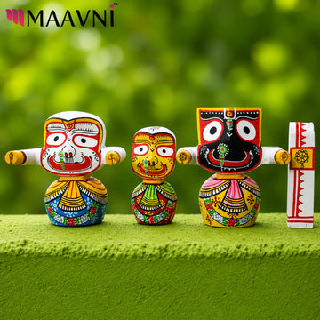 Pure Neem Wood Chaturdha Murti | Jagannath Balabhadra Subhadra & Sudarshan | Hand-Painted Odisha Art | Maavni