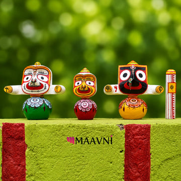 Pure Neem Wood Jagannath Chaturdha Murti Set | Hand-Painted Odisha Puri Art | Maavni