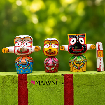 Pure Neem Wood Jagannath Chaturdha Murti Set | Hand-Painted Puri Odisha Art | Maavni