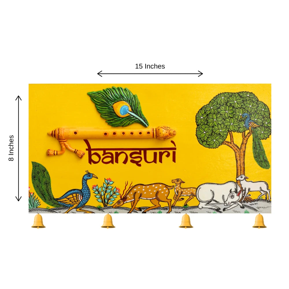 Hand-painted Pattachitra Peacock Feather And Bansuri Wall Plate gallery image by Maavni