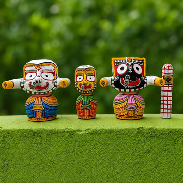 Pure Neem Wood Jagannath Chaturdha Murti Set | Hand-Painted Puri Odisha Art | Maavni