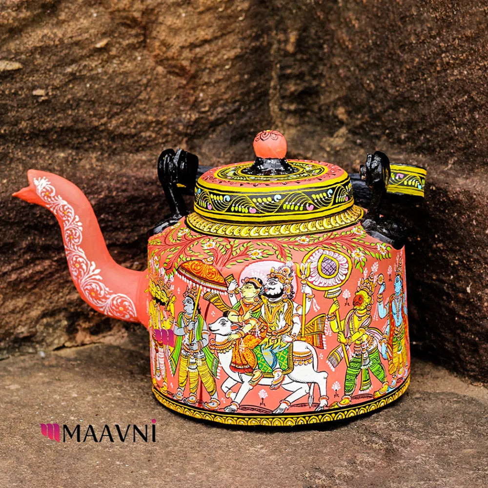 Hand-painted Pattachitra Shiva Vivah Theme Peach Kettle gallery image by Maavni