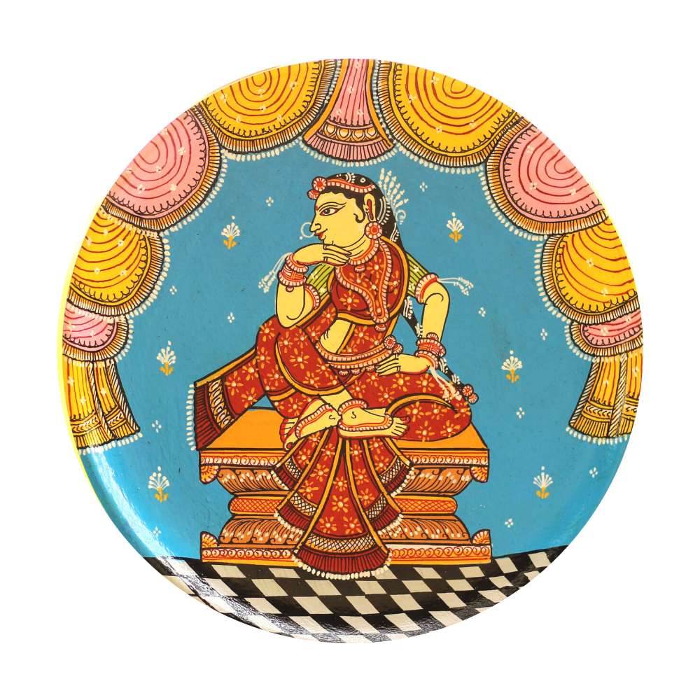 Hand-painted Pattachitra Lady Sitting Hand On Chin Wall Plate by Maavni