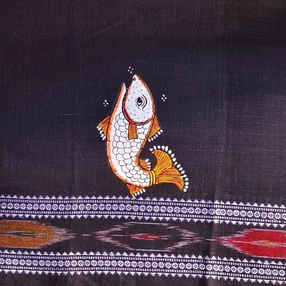 Hand-painted Pattachitra Matsya Kanya With Beena In Hands With Fish On Sleeves Blouse gallery image by Maavni