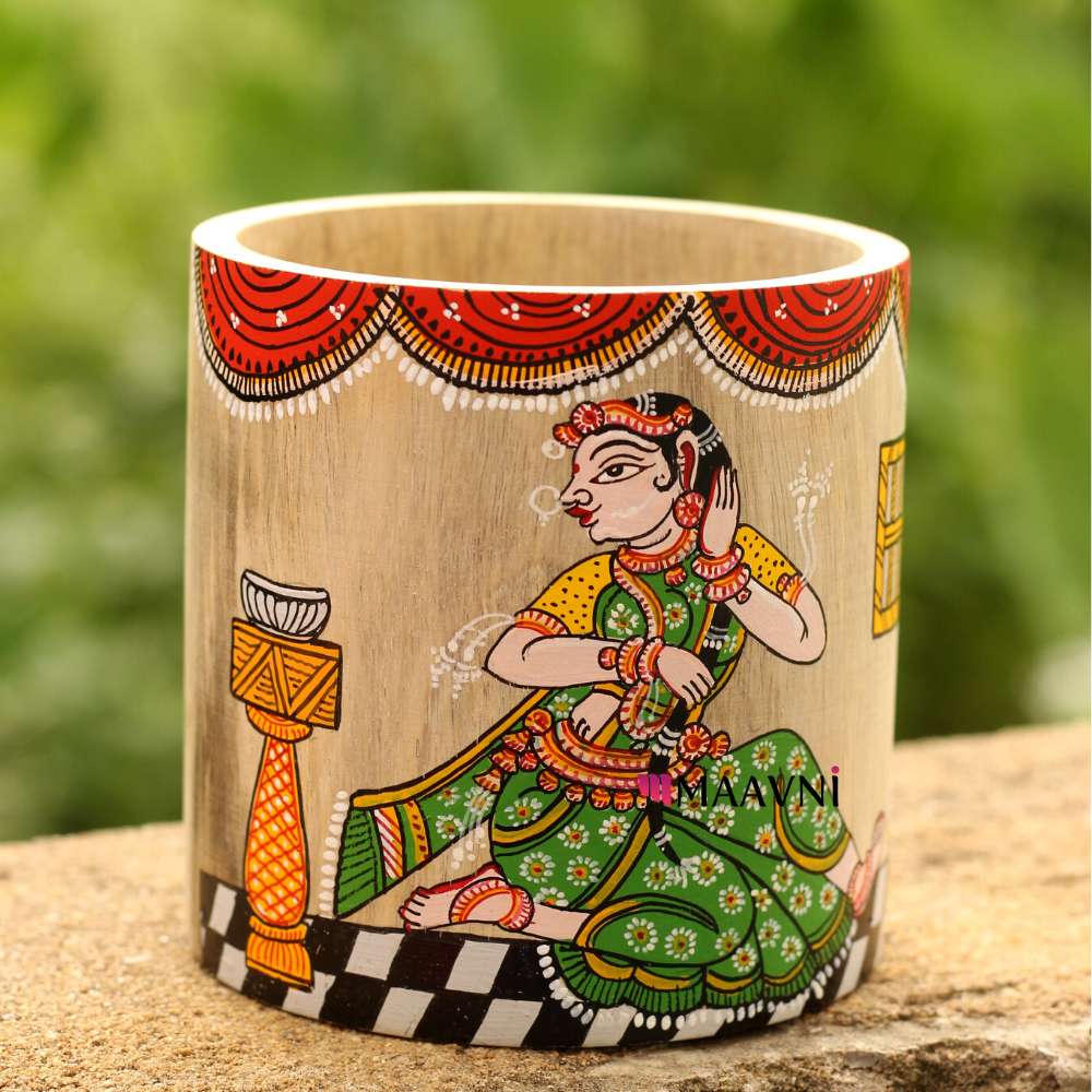 Hand-painted Pattachitra Sringar Raas Lady Doing Her Hair Multipuspose Holder Pen Stand by Maavni