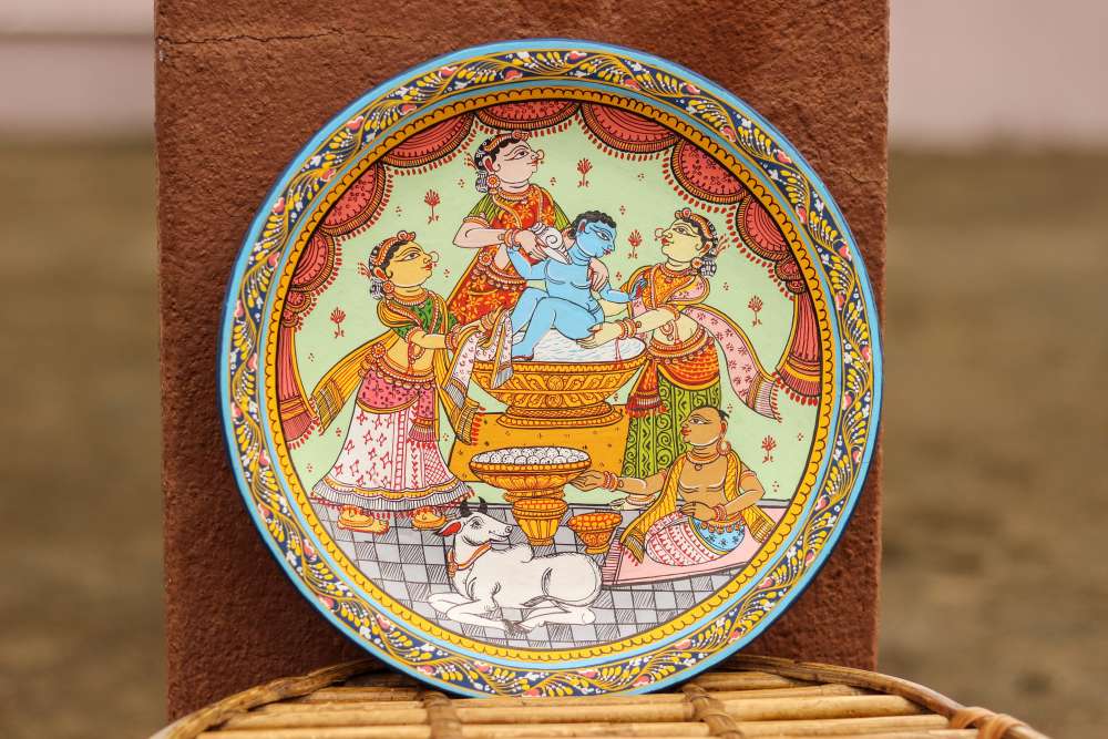 Hand-painted Pattachitra Krishna Janma Wall Plate by Maavni