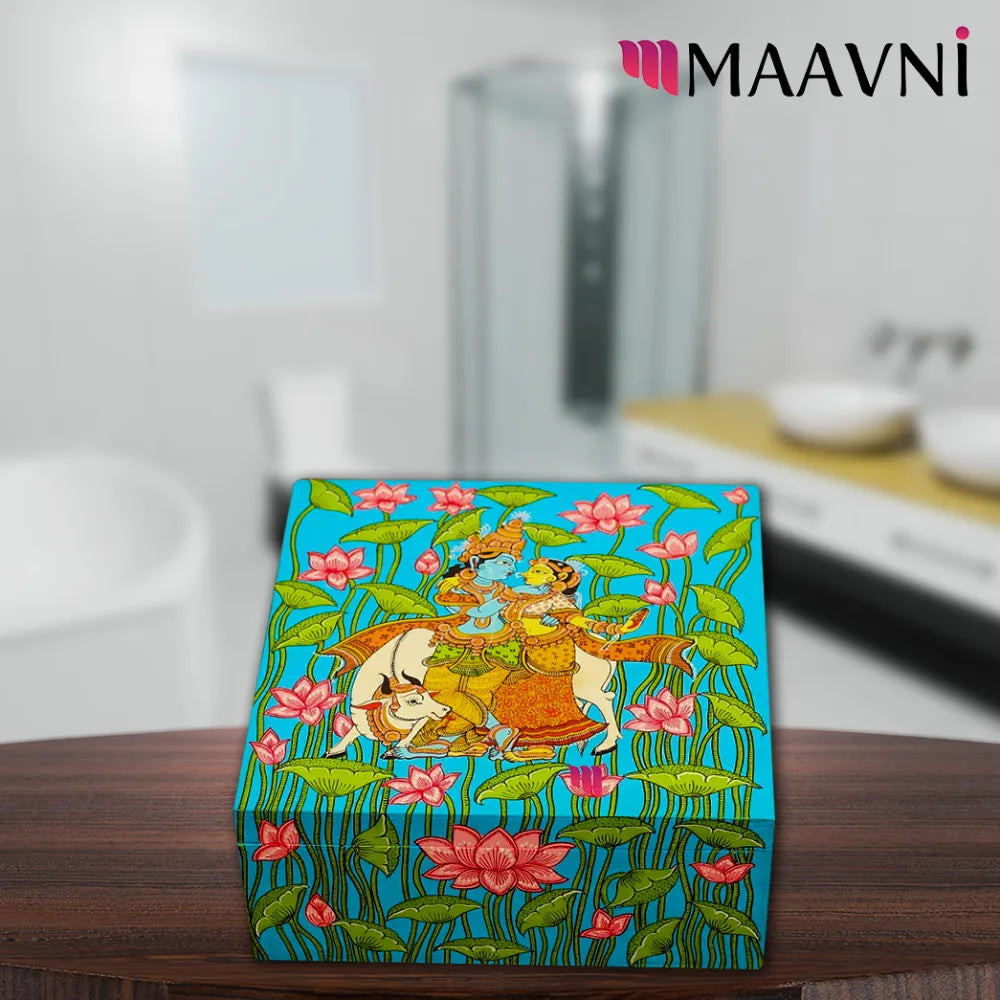 Hand-painted Pattachitra Radha Krishna Lotus Theme Utility Box Decor by Maavni