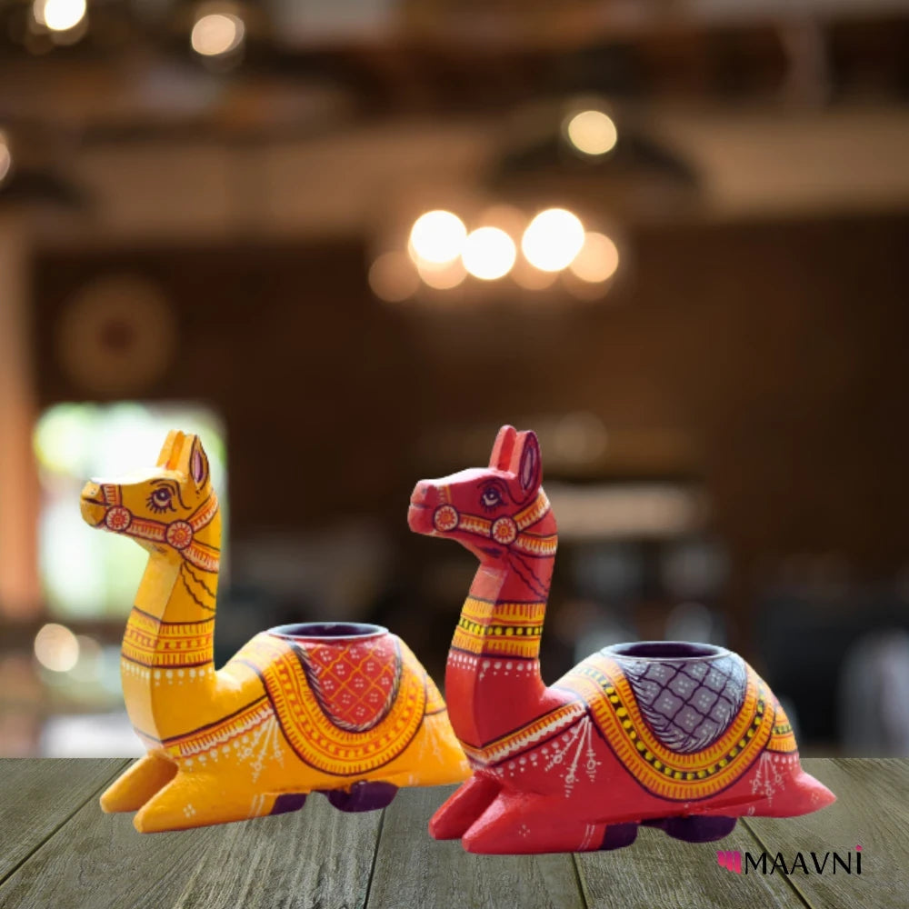 Hand-painted Pattachitra Camel T Light Pair Hand Painted Candle Holders Painting by Maavni