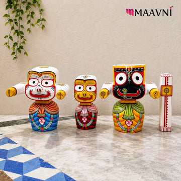 Pure Neem Wood Chaturdha Murti Set | Jagannath, Balabhadra, Subhadra & Sudarshan | Hand-Painted Odisha Art