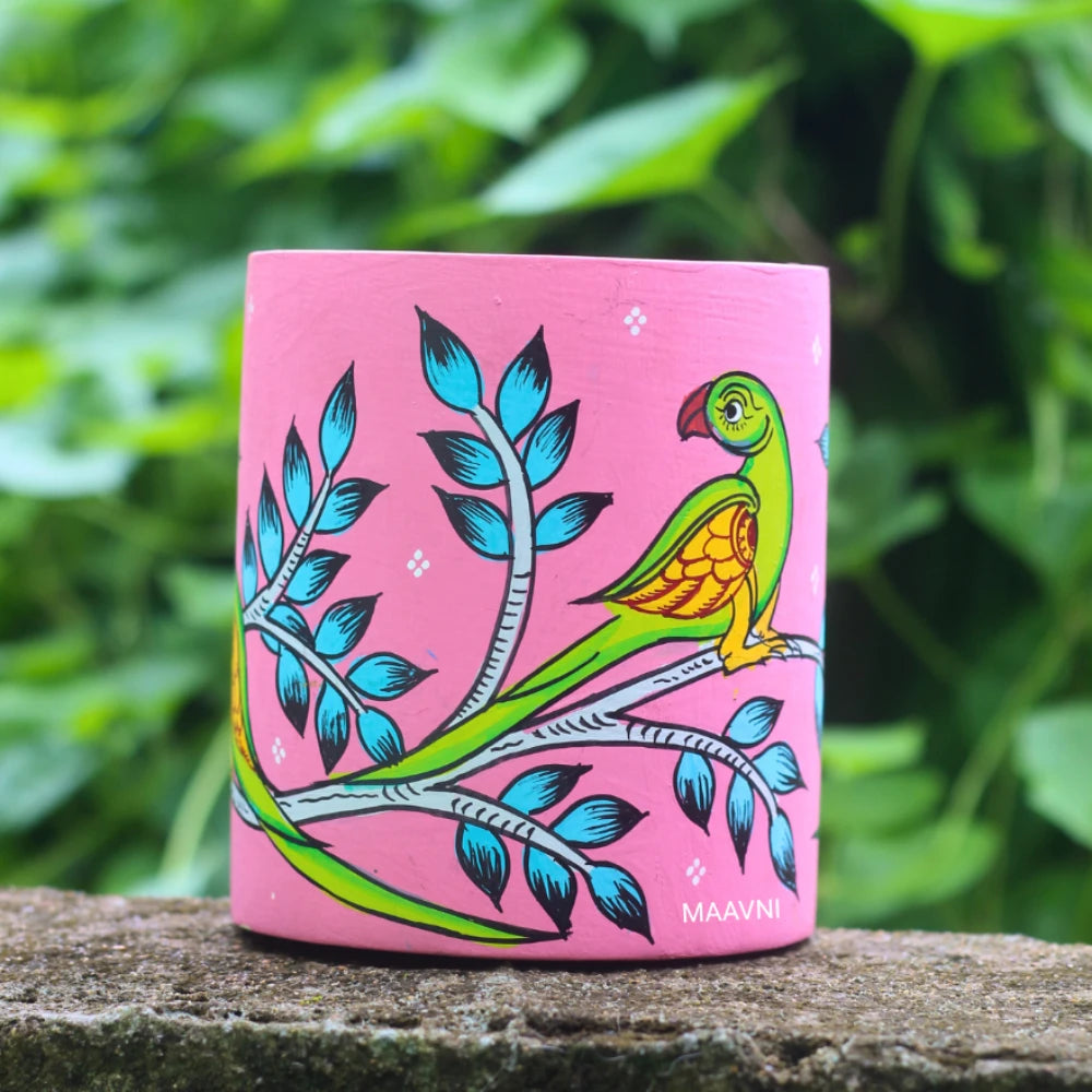 Hand-painted Pattachitra Parrot Sitting On Branch Pen Stand by Maavni