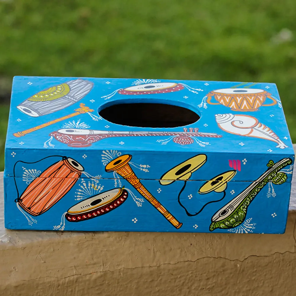 Hand-painted Pattachitra Musical Theme Sky Background Tissue Box Decor by Maavni
