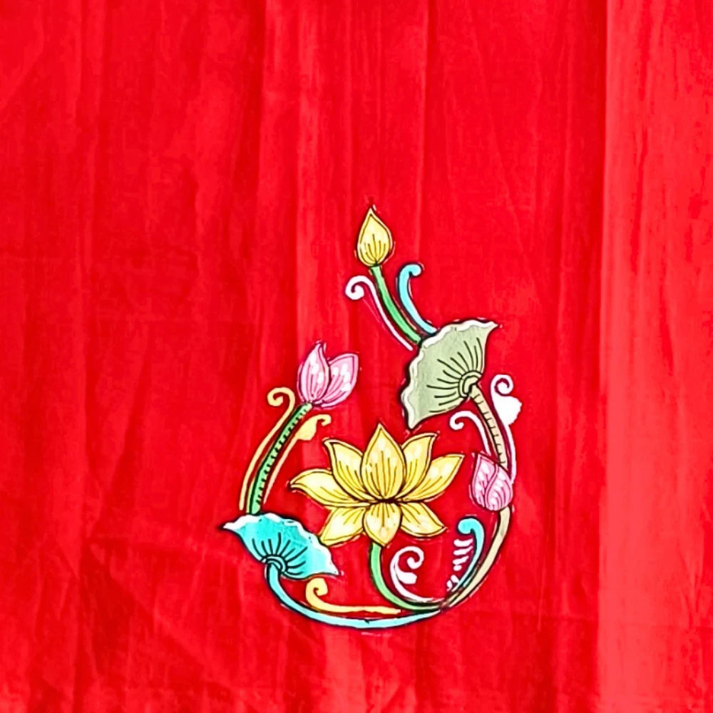 Hand-painted Pattachitra Lady Face In Between Lotus With Lotus On Sleeves Blouse gallery image by Maavni