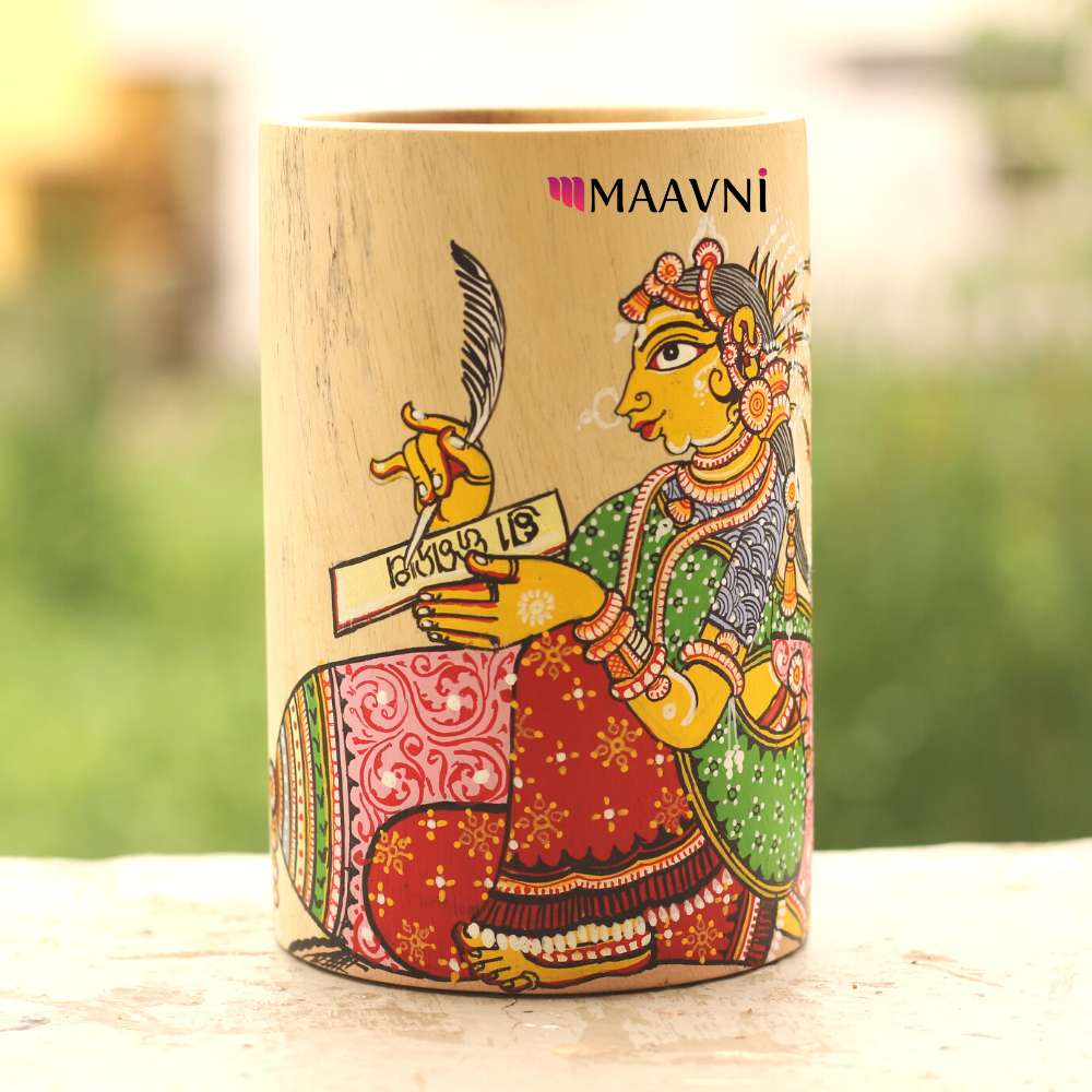 Hand-painted Pattachitra Lady Writing Jai Jaganath Pen Stand by Maavni
