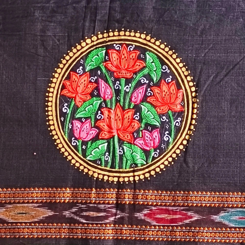 Hand-painted Pattachitra Lotus Theme With Lotus On Sleeve Blouse by Maavni