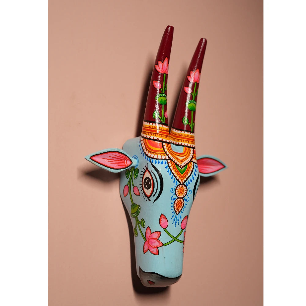 Hand-painted Pattachitra Cow Head Light Sky Hand Painted D Cor Painting gallery image by Maavni